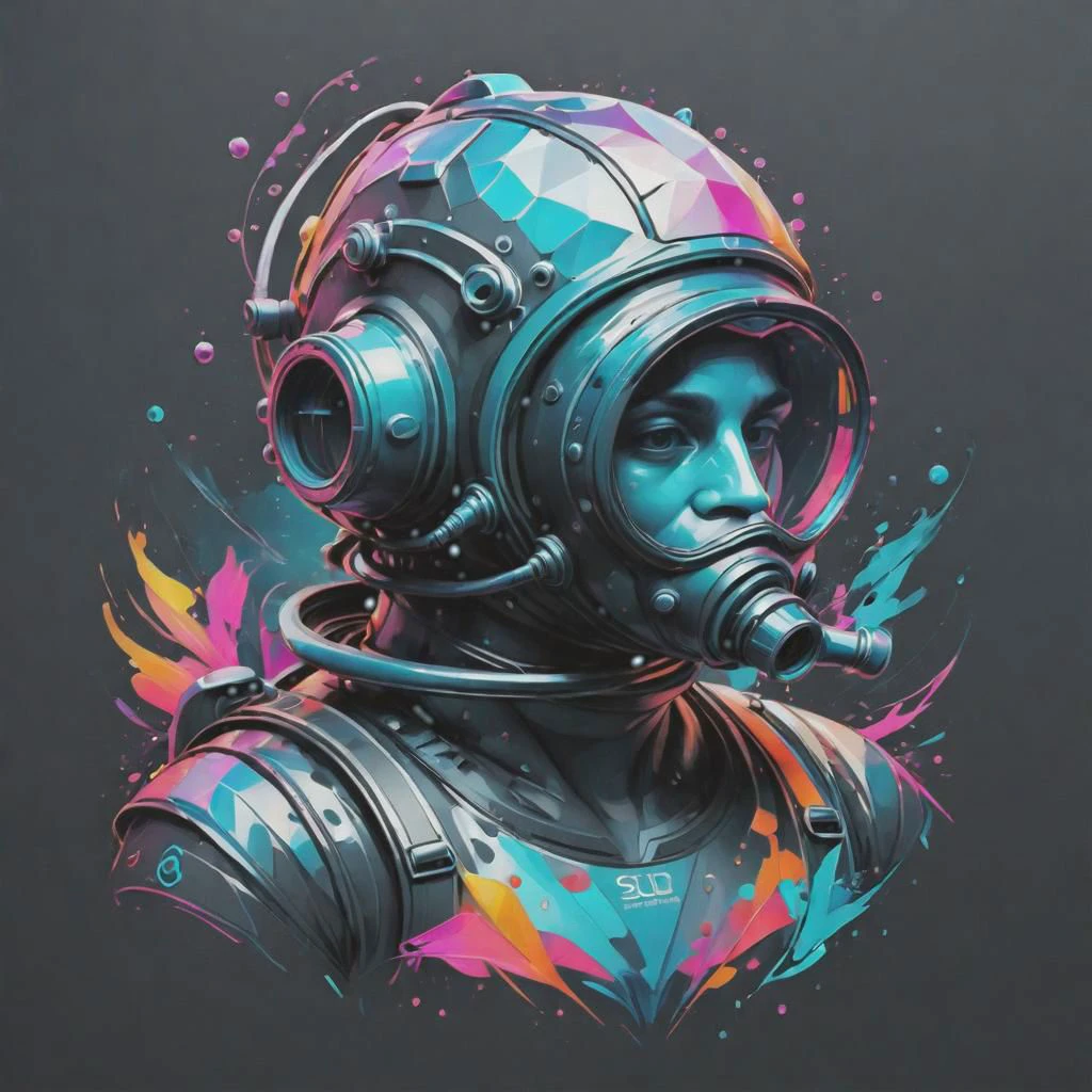 breath taking line art, (scuba diving:1.4) helmet , (computer:1.5) cyber security , t designed by legendary logo designer , low poly , simple, line art, mono color
