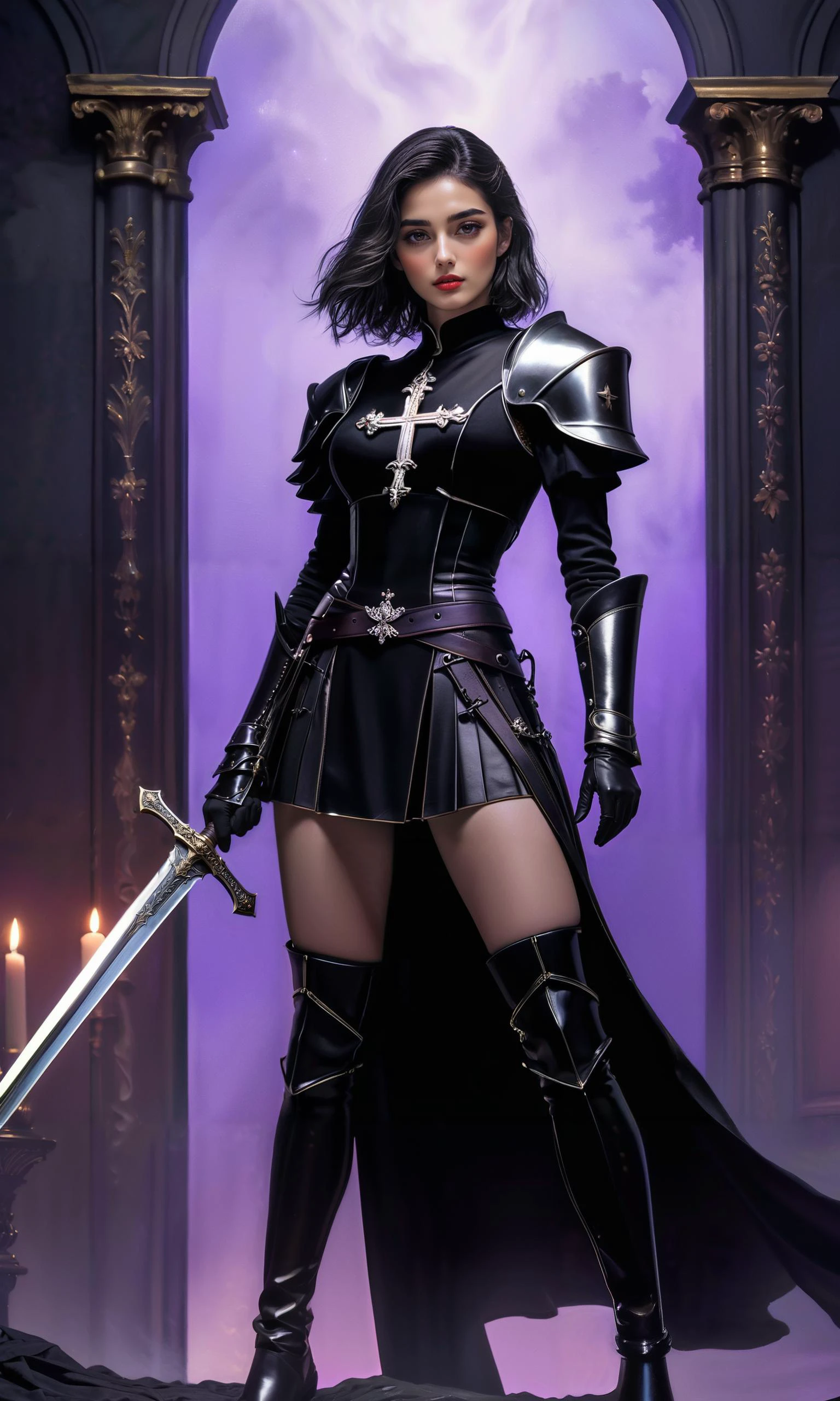 (full body:1.6)
a woman in a gray and black outfit holding a sword and a cross on his chest, with a violet background, Cedric Peyravernay, mars ravelo and greg rutkowski, a character portrait, antipodeans
((best quality)), ((masterpiece)), detailed soft oil painting, detailed background, dramatic cinematic lighting, soft edge lighting, professional, dramatic lighting, hard edge lighting,
ultra quality, 4k,(masterpiece, best quality, 8k, ultra highres, highres:1.4), extremely detailed <lora:add-detail-xl:1.0>