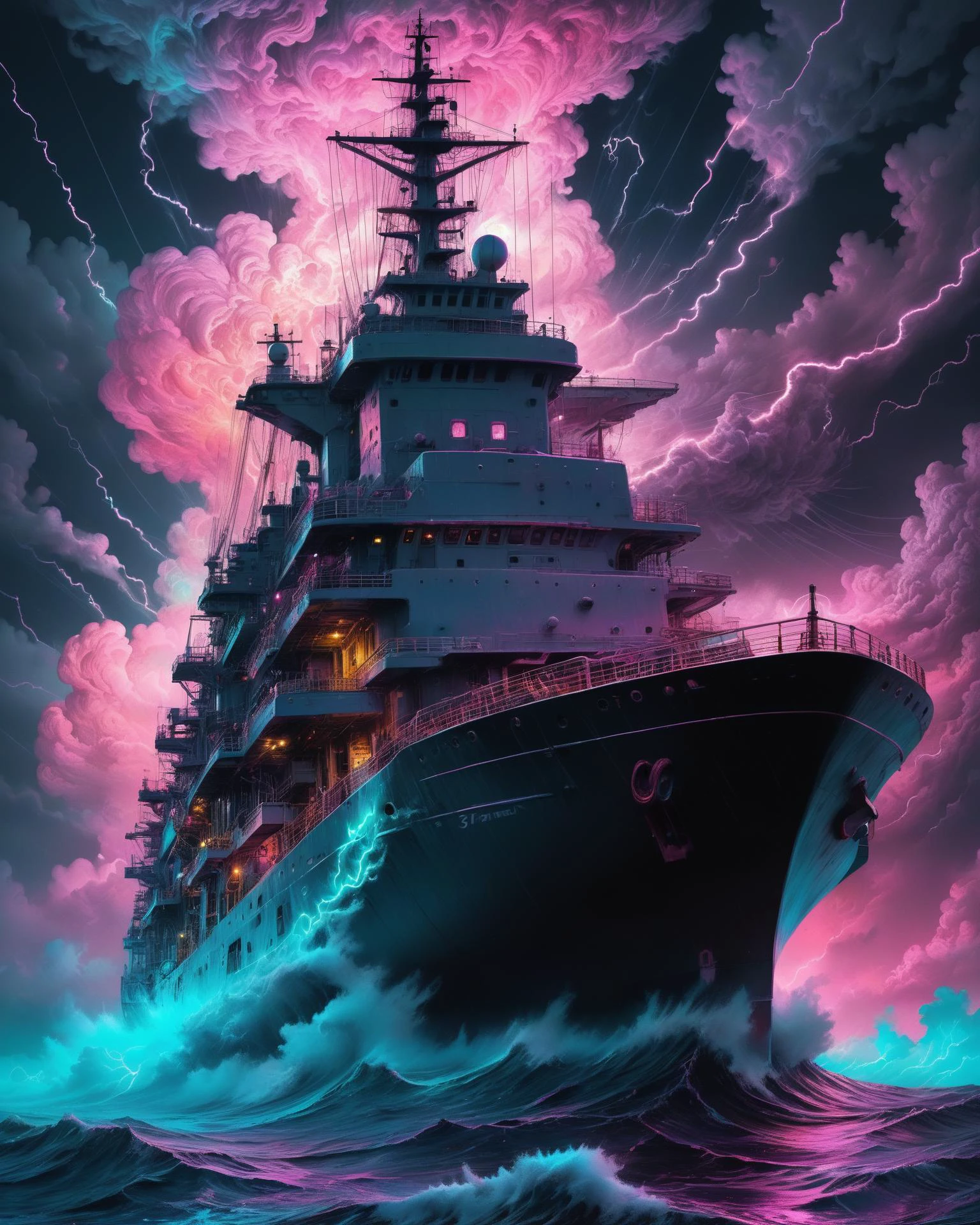 Hyper, quality, hyper detailed, extremely intricate, hyper maximalist, <lora:Maximalist_Drawing_BW:0.74>, PStyl3, negative space, abstract, cloud system, storms, on deck of ship, storm tossed seas, neonpunk, neon lighting
