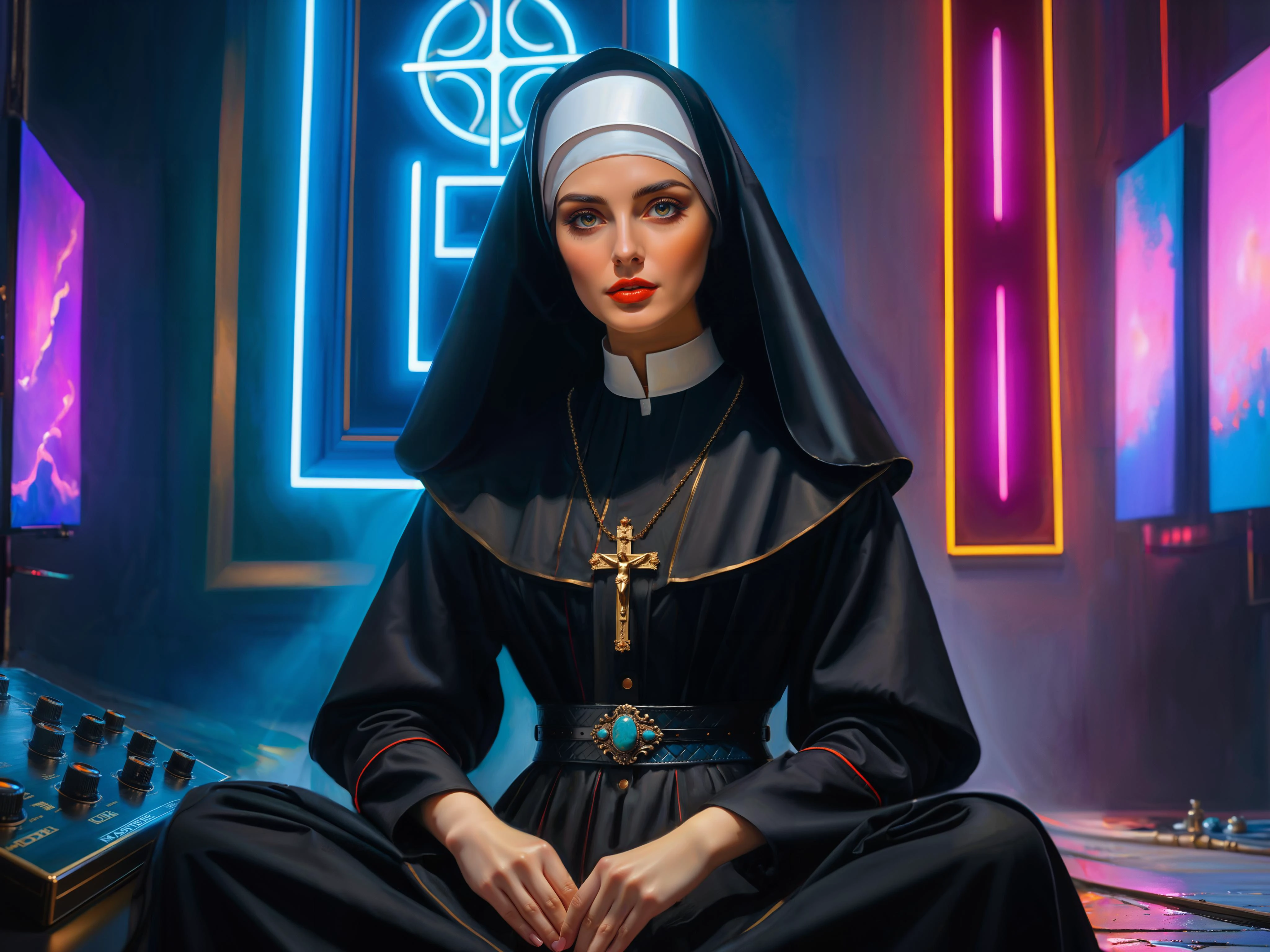 (full body:1.6), (action-packed:1.4)
a nun standing in front of a neon sign, (squatting:1.5), holy cyborg necromancer woman, realistic symmetrical eyes, killstar, perfect android girl, pinterest anime, apex legends character, aesthetic!!!!!!!!!!, religion, speak no evil, wearing steel collar, adopt, judge
((best quality)), ((masterpiece)), detailed soft oil painting, detailed background, dramatic cinematic lighting, soft edge lighting, professional, dramatic lighting, hard edge lighting,
ultra quality, 4k,(masteriece, best quality, 8k, ultra highres, highres:1.4), extremely detailed <lora:add-detail-xl:1.0>