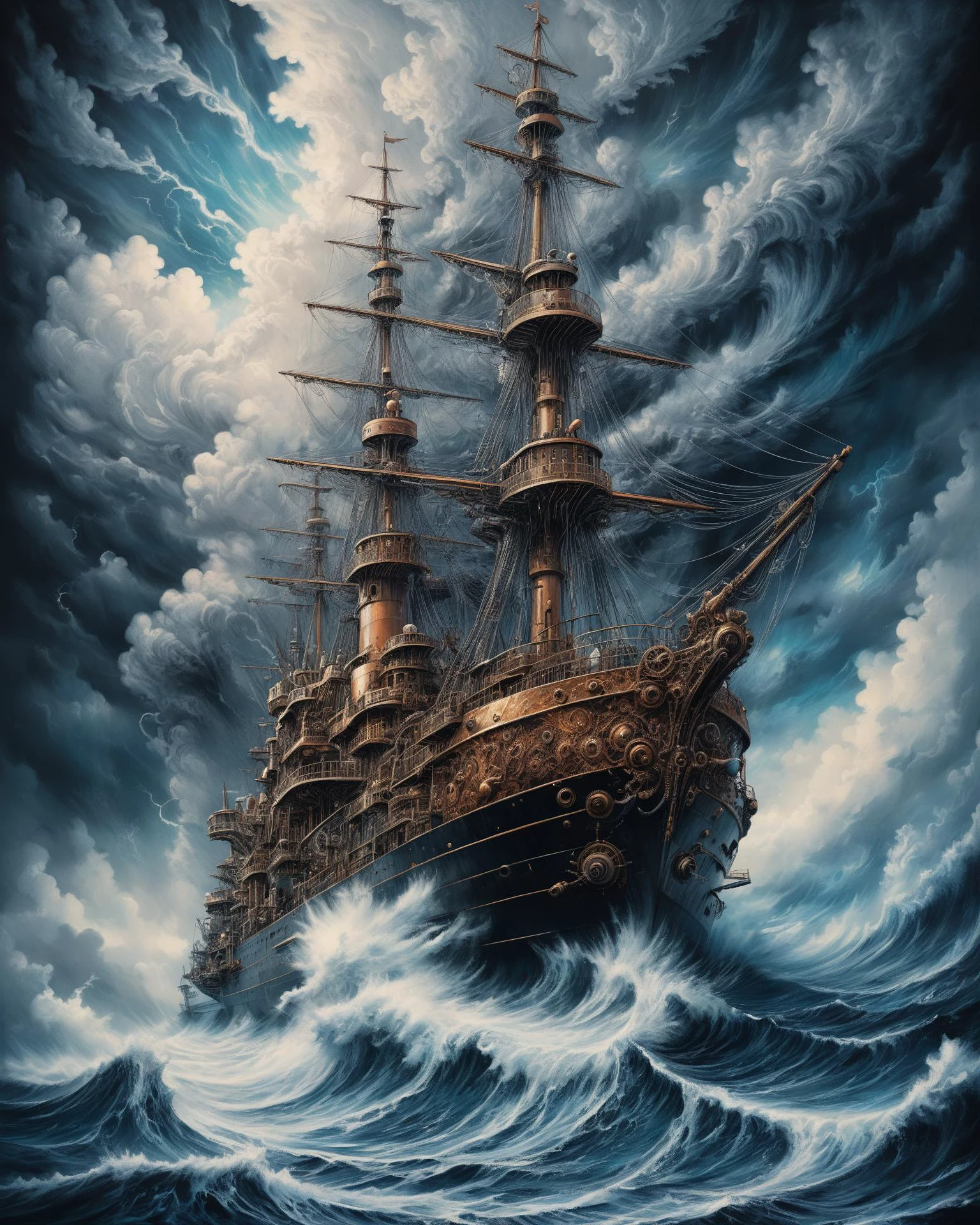 Hyper, quality, hyper detailed, extremely intricate, hyper maximalist, <lora:Maximalist_Drawing_BW:0.74>, PStyl3, negative space, abstract, cloud system, storms, on deck of ship, storm tossed seas, steampunk
