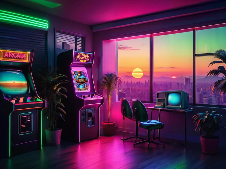 gas station, next to a retro car, neon light, night, a plant and a window with a view of the sunset outside of it, (retro:1.5), blue light neon style, Beeple, retrowave, cyberpunk art, retrofuturism
ultra quality, 4k,(masteriece, best quality, 8k, ultra highres, highres:1.4), extremely detailed