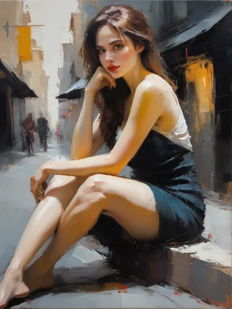 (an expressive oil painting:1.6), (henry asencio style:1.6), a curvy pretty woman sitting slouched on a sidewalk, pale skin, pale skinned, Pale white skin,glossy skin texture, highly detailed, emotional,ultra sharpness, sharpness, night, darkness