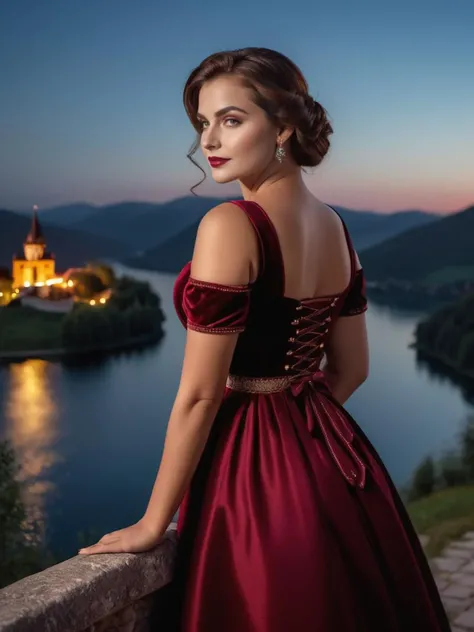 astronomical twilight, sharp focus, a curvy pretty woman, place for walking, lake on the horizon, slope, hill, taken from the side, (butt up), (in Maroon dress dirndl), at nightfall, highly detailed, sharp focus