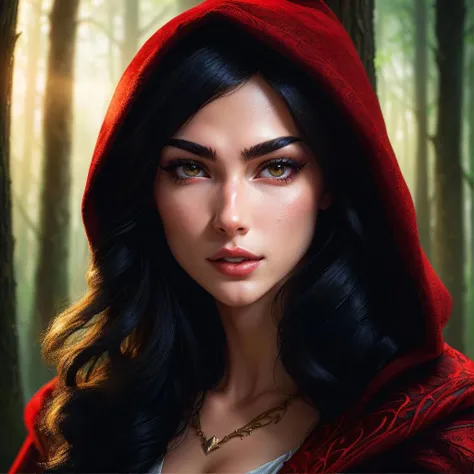 action-packed, beautiful red riding hood girl, enchantress, magical atmosphere of fairy tales, (full body portrait:1.6), (very sexy clothes:1.7),the world of magic and sorcery, black hair, 3d style, ((best quality)), ((masterpiece)), ((ultra realistic)), ((magic fantasy style)), majestic intricately detailed soft oil painting,   detailed background,behind the magical forest,, dramatic cinematic lighting, soft edge lighting, professional, dramatic lighting, hard edge lighting,