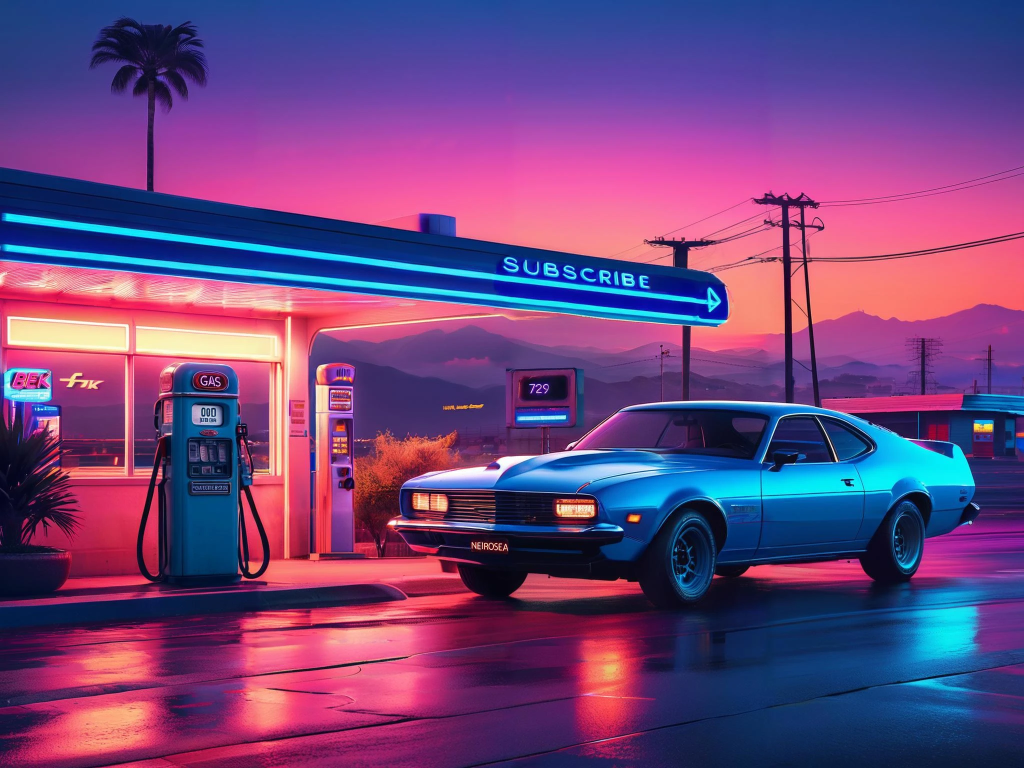 gas station, next to a retro car, neon light, night, a plant and a window with a view of the sunset outside of it, (retro:1.5), blue light neon style, Beeple, retrowave, cyberpunk art, retrofuturism
ultra quality, 4k,(masteriece, best quality, 8k, ultra highres, highres:1.4), extremely detailed