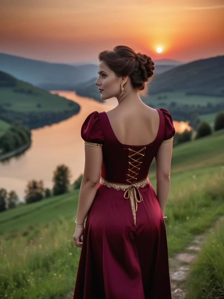 astronomical twilight, sharp focus, a curvy pretty woman, place for walking, lake on the horizon, slope, hill, taken from the side, (butt up), (in Maroon dress dirndl), at nightfall, highly detailed, sharp focus