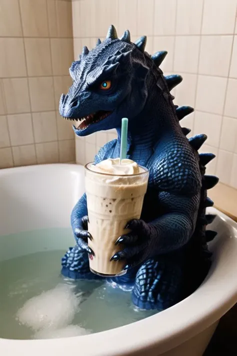 giant monster that looks like godzilla chilling in a bathtub, drinking a milkshake