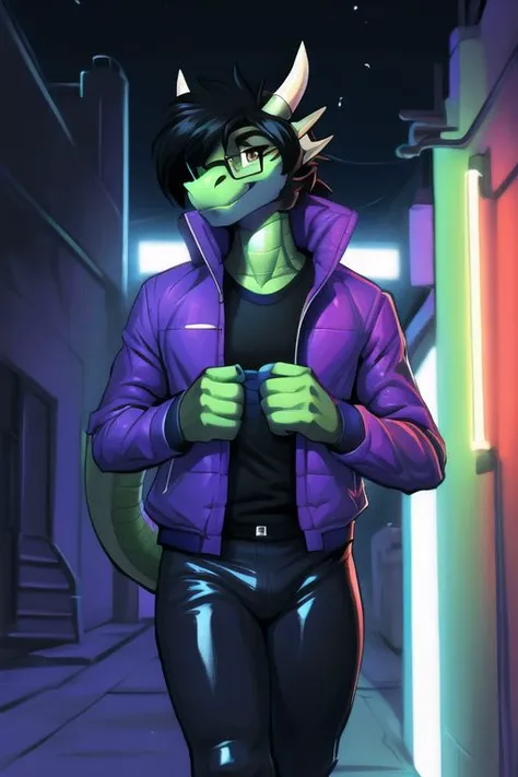 Anthro dragon, (Male), black hair, (green scales:1.1), glasses, black shirt, jacket, cargopants, soft smile, brown eyes, (Cyberpunk Inspired:1.1), cyberpunk, neon lights, science fiction, ((dark, night time, low light)), (by tom fischbach:0.9), (by xpray:0.6), (by meesh:0.5), (by jindragowolf:0.7), 1990s \(style\), retro artstyle