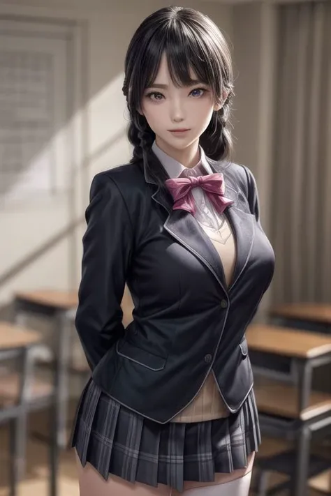ultra realistic, 8k, masterpiece, ultra detailed background, delicate pattern, intricate detail, smile, standing, formal, looking at viewer, large breasts, PERFECT FACE, SEXY FACE, PERFECT BODY, perfect hands, detailed fingers, beautiful detailed eyes, perfect eyes, seductive eyes, from front, nsfw, exposure, arms behind back, 1girl, solo, tsukino mito, long hair, black hair, blazer, black jacket, hairclip, hair ornament, white thighhighs, bangs, braid, pleated skirt, pink bow, school uniform, long sleeves, collared shirt, white shirt, blue eyes, plaid skirt, black skirt