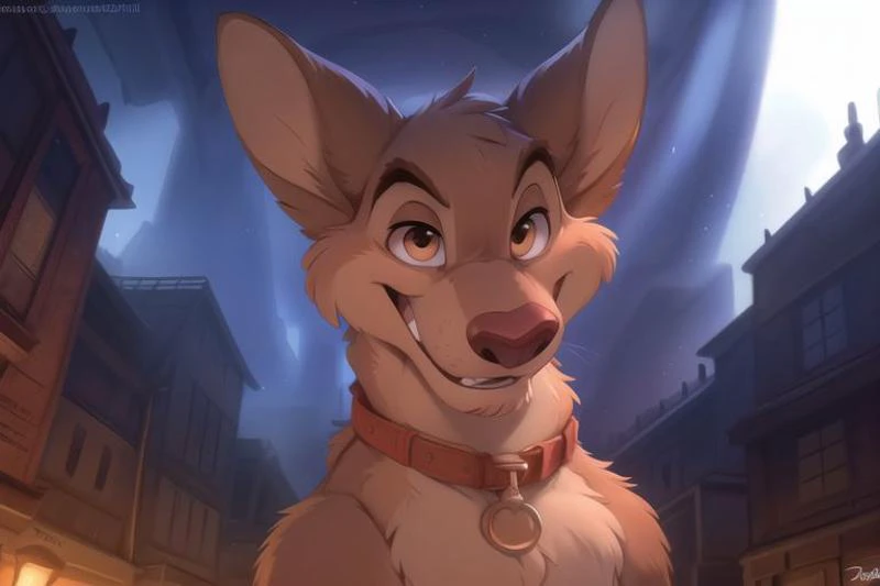 (Charlie B Barkin), anthropomorphic, male, canine body, standing, portrait, solo, (fur: brown with darker patches), (best quality), vibrant colors, standing, (detailed fluffy fur: 1.2), expressive face, charming smile, (All Dogs Go to Heaven), film series, (Don Bluth), animated, (best quality), (dramatic lighting), determined gaze, (hand-drawn animation style), (cartoonish), (classic character), tail wagging, (smiling eyes), wearing a red collar, tan fur, dramatic lighting, detailed fur texture, rugged appearance, weathered fur, rugged collar, collar with tags, confident expression, charismatic smile, mischievous eyes, eyebrow raised, hint of stubble, ears perked up, snout slightly pointed, hint of mischief, expressive eyebrows, eyes gleaming, confident posture, tail curled, cityscape background, Chicago setting, 
(correct anatomy), ((8k quality)), (detailed fur:1.2), AS-YoungerV2, (cinematic lighting)+, backlighting, (shaded)+, photorealistic, hyperrealistic, ((full body)), ((detailed background)), (8k resolution, 8k ultra detailed), HDR, (hyper realistic:1.1), (masterpiece:1.4), intricate, intricate sharp details, octane render, RAW Photo, Best quality, detailed shading, perfect lighting, dynamic lighting, ultradetailed, (Photorealistic:1.4). [by dagasi|ancesra:0.6], [by foxovh|personalami:1.1], [by einshelm|tom_fischbach],[by zackary911, by thebigslick], (solo), (body fur:1.1), (best quality) dramatic lighting, (detailed fluffy fur:1.1)