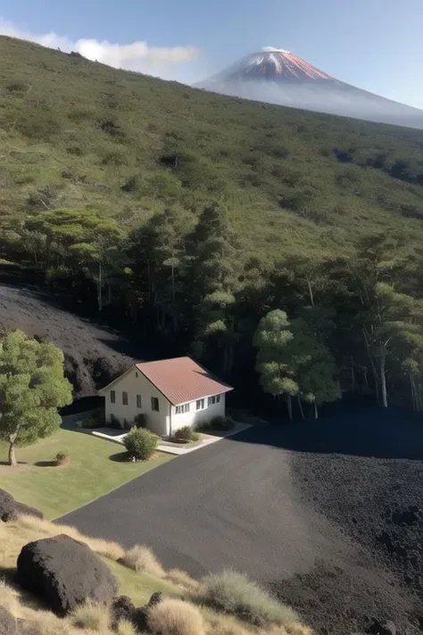 house sitting on cliffside, lava running from volcano in background