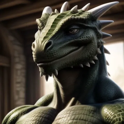 portrait, closeup, anthro, argonian, green scales, (realistic scales, detailed scales texture:1.3), detailed eyes, perfecteyes eyes, muscles, adult, hyper muscles, very hairy, body hair, detailed face, (smug smirk,), detailed background, skyrim village background,  ultradetailed, (masterpierce:1.4), 8k, HDR, Masterpiece, Realistic, best ultra quality, perfect intricate details, RAW Photo, detailed cinematic lighting, detailed background, ray tracing, rtx, cgi,