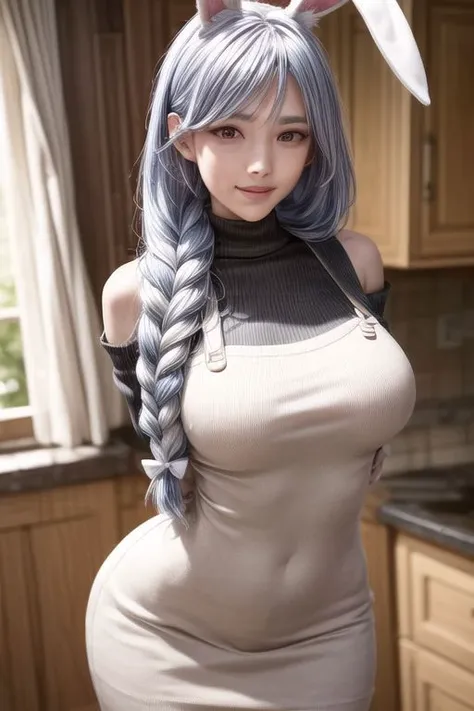 ultra realistic, 8k, masterpiece, ultra detailed background, delicate pattern, intricate detail, smile, standing, formal, looking at viewer, large breasts, PERFECT FACE, SEXY FACE, PERFECT BODY, perfect hands, detailed fingers, beautiful detailed eyes, perfect eyes, seductive eyes, from front, nsfw, exposure, arms behind back, 1girl, large breasts, wide hips, mature female, looking at viewer, squinting, pekomama, bunny girl, bunny ears, animal ear fluff, light blue hair, braid, single braid, bangs, white streaked hair, red eyes, bare shoulders, black inner turtleneck, white dress, apron, long sleeves, orange bow on waist, buttons,