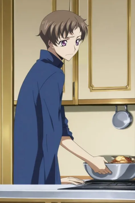 score_9, score_8_up, score_7_up, source_anime, rating_safe, intricate details, anime screencap, , official style, , , 1boy, solo, male focus, <lora:rolo_lamperouge_pony:0.94>, rolo_lamperouge, brown hair, purple eyes, short hair, from side, kitchen, cooking, day, sunny, leaning forward, wavy mouth, indian costume, <lora:sdxl_lightning_8step_lora:1>