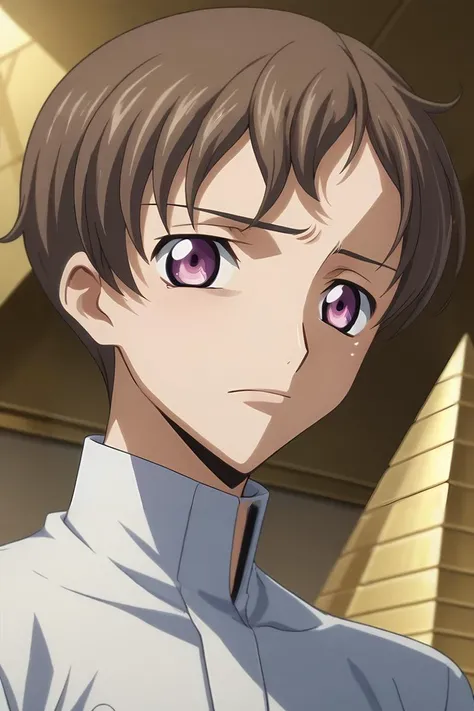 score_9, score_8_up, score_7_up, source_anime, rating_safe, , anime screencap, , official style, looking at viewer, depth of field, 1boy, solo, male focus, <lora:rolo_lamperouge_pony:0.92>, rolo_lamperouge, brown hair, purple eyes, short hair, from below, pyramid, indoors, leaning on object, sad, ,, <lora:sdxl_lightning_8step_lora:1>
