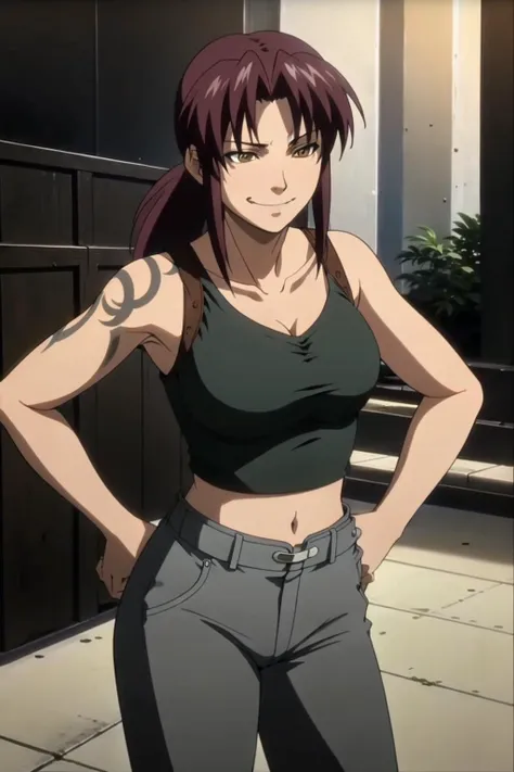 masterpiece,high quality,solo,outdoors,
<lora:revy001:0.7>,smirk,open mouth,hands on the hips,
revy,1woman,
long hair,ponytail,brown hair,yellow eyes,tattoo,shoulder tattoo,arm tattoo,
collarbone,cleavage,breasts,bare shoulders,black tank top,shoulder holster,
midriff,