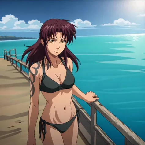 masterpiece,high quality,solo,
<lora:revy001:0.7>,
revy,1woman,
long hair,brown hair,yellow eyes,tattoo,shoulder tattoo,arm tattoo,
side-tie bikini bottom,ocean,beach,sunshine,wind,