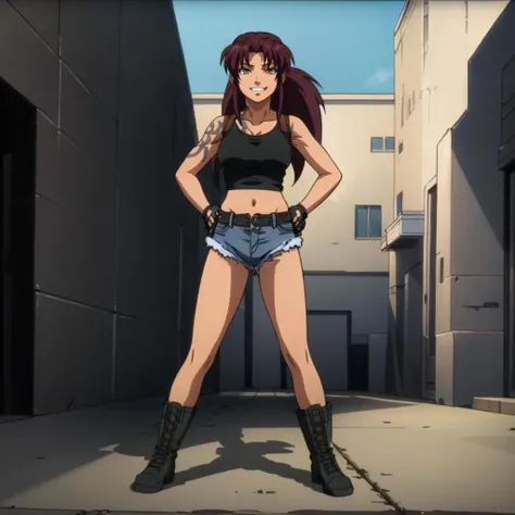 masterpiece,high quality,alone,Outdoor,
revue,1 Female,
Long Hair,ponytail,Brown Hair,Yellow Eyes,tattoo,shoulder tattoo,arm tattoo,
clavicle,chestの谷間,chest,Exposing shoulders,Black tank top,Shoulder Holster,
abdomen,
Denim shorts,
Fingerless gloves,
boots,
whole body,
Pistol,Two-Way,aim,
