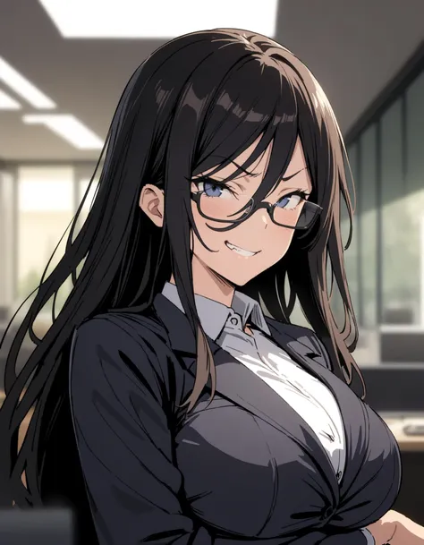 1girl, solo, <lora:SDXL_Lora_JK_taimabu_glasses_girl_style:0.9> JK taimabu glasses girl style, office lady, long hair, glasses, formal, large breasts, smug, looking at viewer, grin, indoors, office, perfect lighting, depth of field, blurry background, cinematic, filmic, high budget, (masterpiece), (best quality), (ultra-detailed), very aesthetic, illustration, perfect composition, intricate details, absurdres