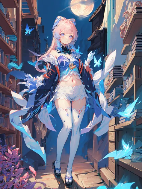 (Overhead view),dynamic angle,ultra-detailed, illustration, close-up, straight on, 1girl,full body, (fantasy1.4), (expressionless,closed mouth),(standing),(bookshelf),(white flowers,bloom),midnight,full moon,dreamy,soul,(fluorescence),(flying translucent blue butterflies1.15),clock,vase,Sangonomiya\(Genshin\) <lora:xinhai_v2-000052:1>