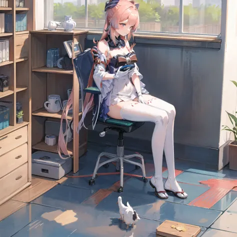 dynamic angle,ultra-detailed, illustration, from side, 1girl, sitting on chair, indoor, vase,bookshelf,windows,Sangonomiya\(Genshin\)