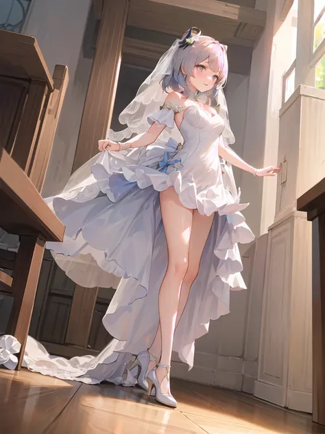 <lora:xinhai_v2-000052:1> (masterpiece,best quality),(from below),1girl,church,(sitting),((bare legs)),(wedding dress:1.8),(pointed high heels:1.5),strapless,off-shoulder, solo, (Sangonomiya\(Genshin\):0.8),(adapted costume:1.3),jewelry,sliver footwear