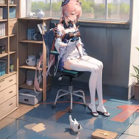dynamic angle,ultra-detailed, illustration, from side, 1girl, sitting on chair, indoor, vase,bookshelf,windows,Sangonomiya\(Genshin\)