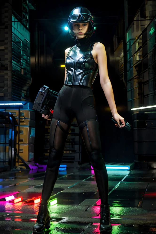 sexy woman helmet, gun, googles, wearing police swaat gear, guns, bullet proof vest, cyber punk, night neon building, wet streets<lora:swaat_v2-000012:1>