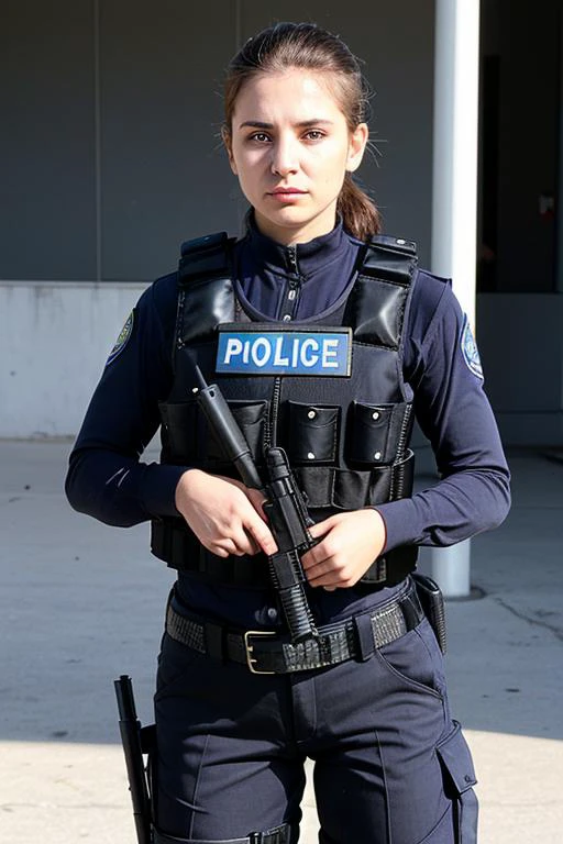 woman wearing police swaat gear, guns, bullet proof vest, <lora:swaat_v2-000012:.5>