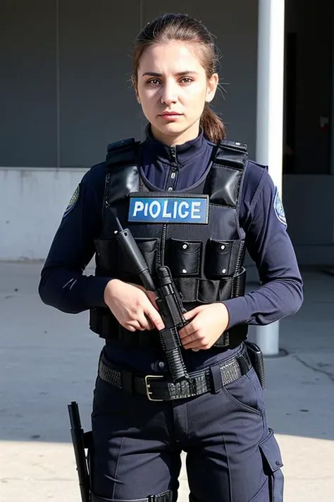 woman wearing police swaat gear, guns, bullet proof vest, <lora:swaat_v2-000012:.5>