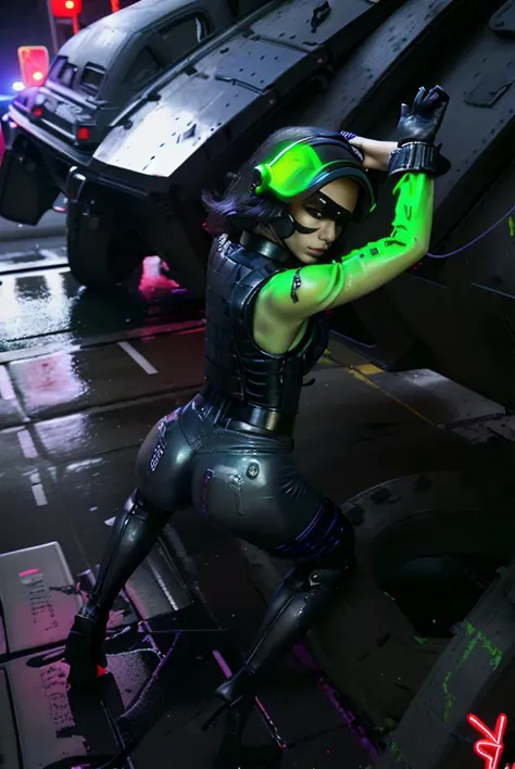 sexy woman helmet, gun, googles, wearing police swaat gear, guns, bullet proof vest, cyber punk, night neon building, wet streets<lora:swaat_v2-000012:.8>