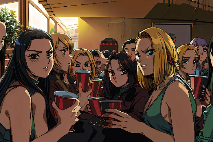 multiple girls, best quality, disgust expression, condescending expression, smug expression, plastic party cup, looking at camera, bare arms,looking at viewer, retro artstyle <lora:pc98GalgameElfRetroSemi_v10:0.6>