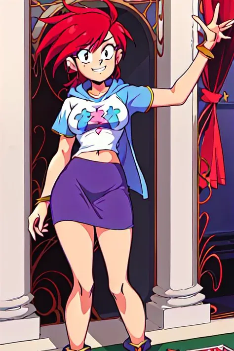 1girl, mansion, pedestals, statues, staricase with red rugs, tapestry, Frankie Foster <lora:frankieFosterLora_v1:0.6> Frankie Foster, 80's anime style, skirt, t shirt, hoodie
