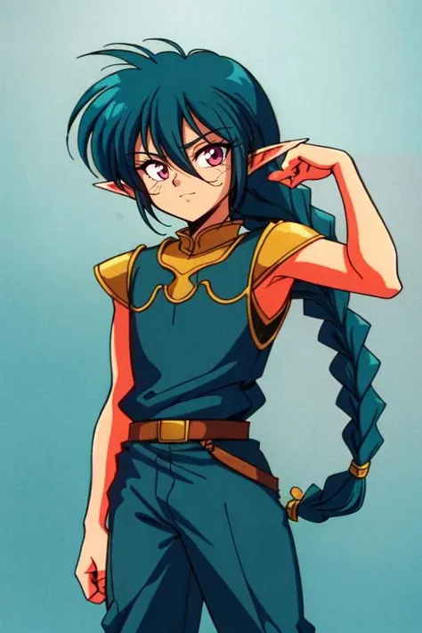 1boy, solo, long hair, (teal hair), (yellow eyes), elf ears, single braid, slender, medeival clothes, hair between eyes, nostalgic, noise,  1990s style, 1980s style, retro style,