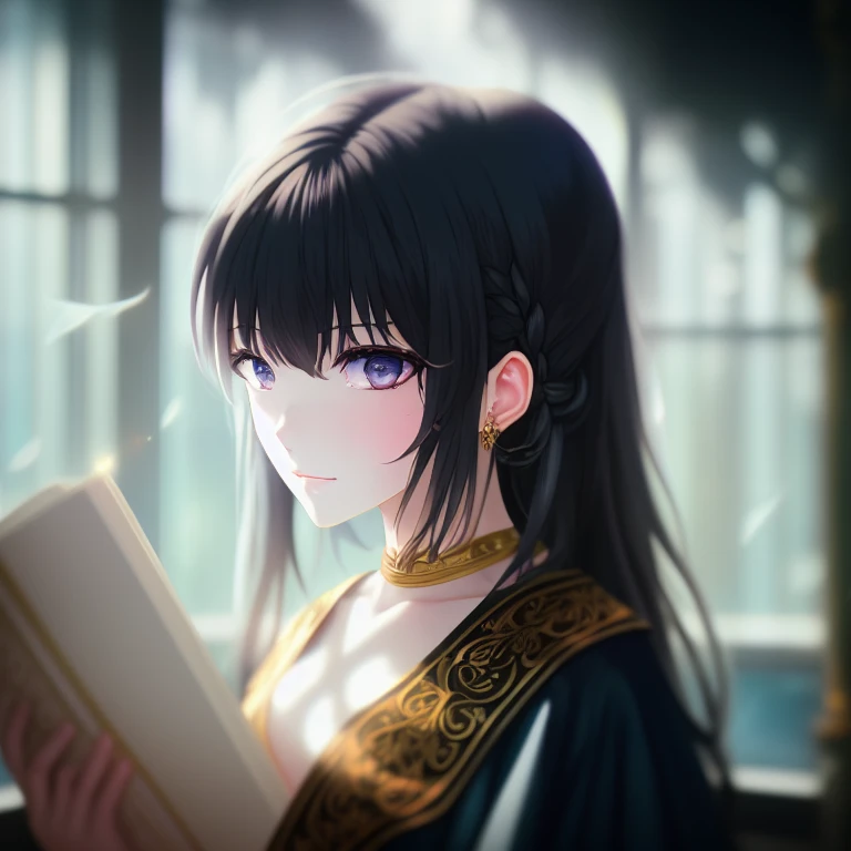 (tokki girl), (Masterpiece:1.1), (best quality:1.1), ((chromatic aberration)), ((caustic)), dynamic angle, ((ultra-detailed)), (illustration:1.1), ((disheveled hair)), beautiful detailed glow, detailed, Cinematic light, intricate detail, highres, ((lomography, full body portrait photo of women like reol holding dressed like witches in a library, open books, wearing an ornate robe and choker, moody, realistic, dark, skin tinted a warm tone, light blue filter, hdr, rounded eyes, detailed facial features, gold black, Wizard, (floating palaces:1.2), magic, black lightning magic, )), trending on ArtStation Pixiv, high detail, sharp focus, smooth, aesthetic, rule of thirds,