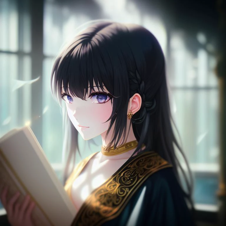 (tokki girl), (Masterpiece:1.1), (best quality:1.1), ((chromatic aberration)), ((caustic)), dynamic angle, ((ultra-detailed)), (illustration:1.1), ((disheveled hair)), beautiful detailed glow, detailed, Cinematic light, intricate detail, highres, ((lomography, full body portrait photo of women like reol holding dressed like witches in a library, open books, wearing an ornate robe and choker, moody, realistic, dark, skin tinted a warm tone, light blue filter, hdr, rounded eyes, detailed facial features, gold black, Wizard, (floating palaces:1.2), magic, black lightning magic, )), trending on ArtStation Pixiv, high detail, sharp focus, smooth, aesthetic, rule of thirds,
