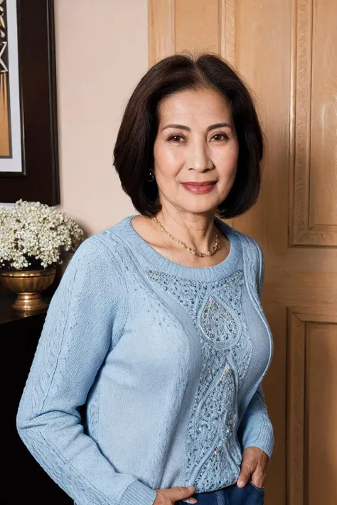 <lora:KimAnh:0.8>, medium close up shot, realistic photo of kimanh, a mature [asian:15] woman, fair skin, wearing a sweater, wearing jeans, standing, simple background, looking at the camera, (masterpiece:1.0), (best quality:1.0), beautiful, (intricate details), unity 8k wallpaper, ultra detailed, flash photography, candid photo