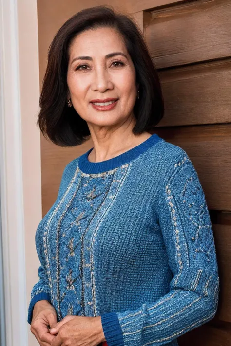 <lora:KimAnh:0.8>, medium close up shot, realistic photo of kimanh, a mature [asian:15] woman, fair skin, wearing a sweater, wearing jeans, standing, simple background, looking at the camera, (masterpiece:1.0), (best quality:1.0), beautiful, (intricate details), unity 8k wallpaper, ultra detailed, flash photography, candid photo