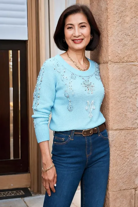 <lora:KimAnh:0.8>, medium close up shot, realistic photo of kimanh, a mature [asian:15] woman, fair skin, wearing a sweater, wearing jeans, standing, simple background, looking at the camera, (masterpiece:1.0), (best quality:1.0), beautiful, (intricate details), unity 8k wallpaper, ultra detailed, flash photography, candid photo