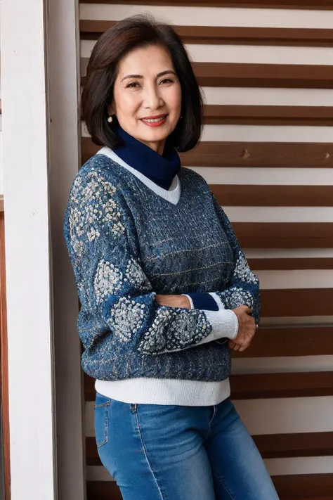 <lora:KimAnh:0.8>, medium close up shot, realistic photo of kimanh, a mature [asian:15] woman, fair skin, wearing a sweater, wearing jeans, standing, simple background, looking at the camera, (masterpiece:1.0), (best quality:1.0), beautiful, (intricate details), unity 8k wallpaper, ultra detailed, flash photography, candid photo