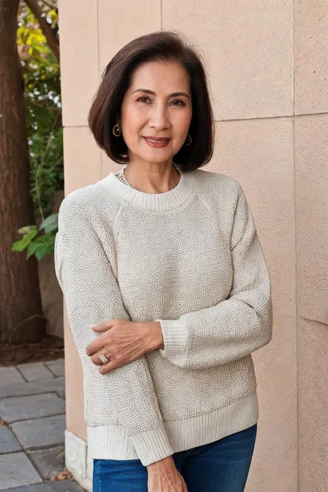 <lora:KimAnh:0.8>, medium close up shot, realistic photo of kimanh, a mature [asian:15] woman, fair skin, wearing a sweater, wearing jeans, standing, simple background, looking at the camera, (masterpiece:1.0), (best quality:1.0), beautiful, (intricate details), unity 8k wallpaper, ultra detailed, flash photography, candid photo