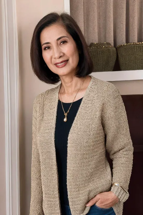 <lora:KimAnh:0.8>, medium close up shot, realistic photo of kimanh, a mature [asian:15] woman, fair skin, wearing a sweater, wearing jeans, standing, simple background, looking at the camera, (masterpiece:1.0), (best quality:1.0), beautiful, (intricate details), unity 8k wallpaper, ultra detailed, flash photography, candid photo