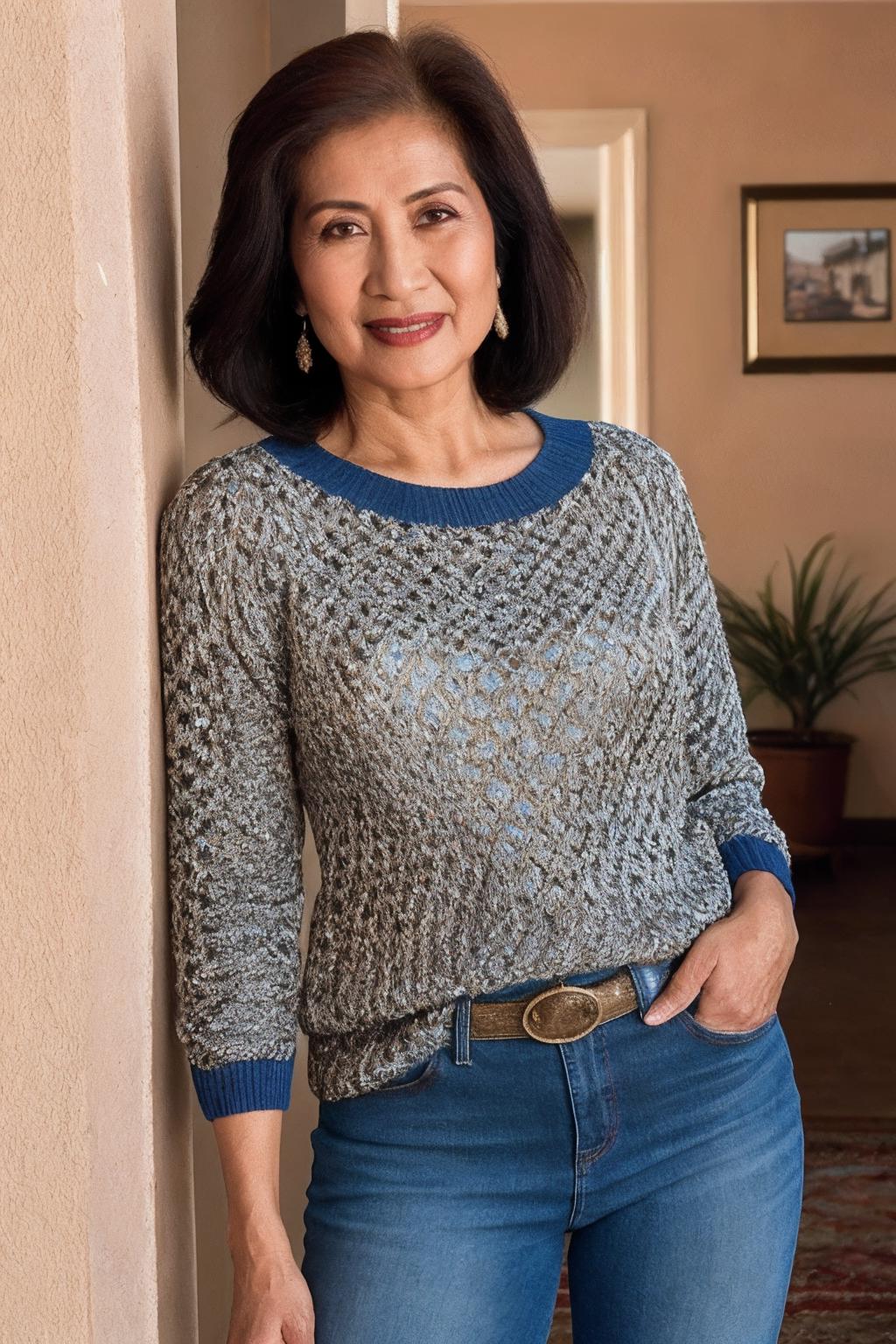 A woman standing in a hallway wearing a sweater and jeans - SeaArt AI