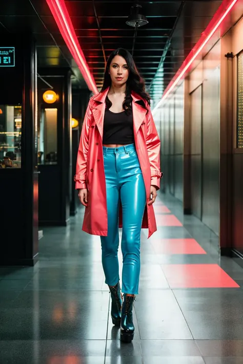 A stunning intricate full color portrait of a beautiful pale brunette woman, Neon-lit LED shirt, vinyl trench coat, reflective leggings, and platform boots, Underground cyber cafe with retro-futuristic decor, epic character composition,by ilya kuvshinov, alessio albi, nina masic,sharp focus, natural lighting, subsurface scattering, f2, 35mm, film grain <lora:AlexCoal:1>