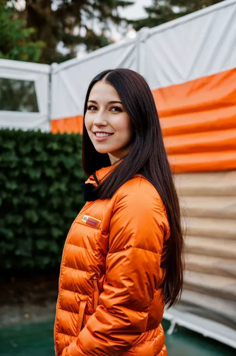 A stunning intricate full color portrait of  a 20 year old woman,adorned in an orange jacket, bustling bridal fair, <lora:epiNoiseoffset_v2:1>, smile,epic character composition,by ilya kuvshinov, alessio albi, nina masic,sharp focus, subsurface scattering, f2, 35mm, film grain <lora:AlexCoal:1>