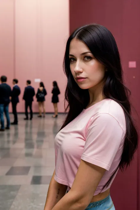 A stunning intricate full color portrait of a beautiful woman, wearing a pink t-shirt, Prominent Metropolitan Museum of Art, NYC, gatherings of art enthusiasts, , epic character composition,by ilya kuvshinov, alessio albi, nina masic,sharp focus, subsurface scattering, f2, 35mm, film grain <lora:AlexCoal:1>