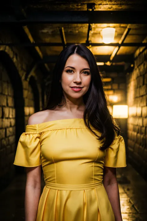 A full color portrait of a beautiful woman, wearing a yellow dress, in a gloomy cellar, smile, epic character composition,by ilya kuvshinov, alessio albi, nina masic,sharp focus, subsurface scattering, f2, 35mm, film grain <lora:AlexCoal:1>
