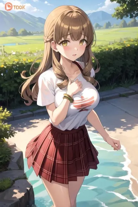 <lora:UtaeAyato-01:0.7 >, utae, 1girl, solo, long hair, looking at viewer, blush, skirt, large breasts, brown hair, shirt, brown eyes, jewelry, yellow eyes, white shirt, short sleeves, cowboy shot, pleated skirt, outdoors, water, mole, bracelet, tree, plaid, mole under eye, red skirt, plaid skirt, drill hair, t-shirt, wading, hands on own chest, breast suppress, fake screenshot