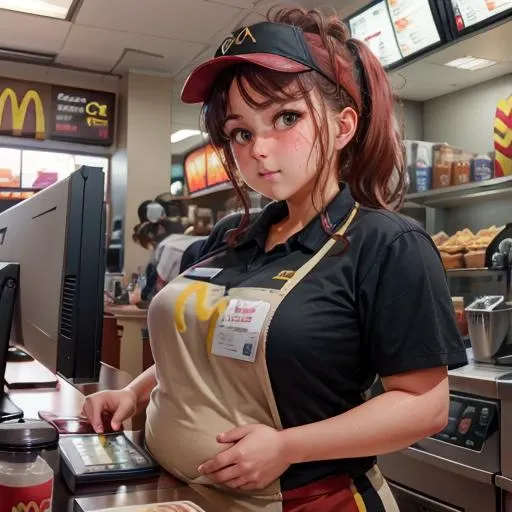 masterpiece, high quality, sharp focus, (1girl), plump McDonald's Cashier <lora:mcdonalds-10:0.7> mcdonalds, 1girl, rim lighting, looking at viewer, cinematic lighting, sweaty skin, blush, (chubby:1.3), food